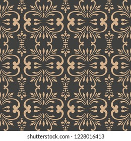 Vector damask seamless retro pattern background botanic garden spiral curve cross frame leaf vine flower. Elegant luxury brown tone design for wallpapers, backdrops and page fill.