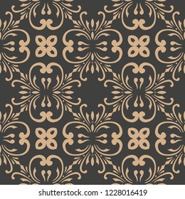 Vector damask seamless retro pattern background botanic garden spiral curve cross frame leaf vine flower. Elegant luxury brown tone design for wallpapers, backdrops and page fill.