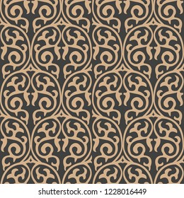 Vector damask seamless retro pattern background curve spiral cross plant frame vine. Elegant luxury brown tone design for wallpapers, backdrops and page fill.