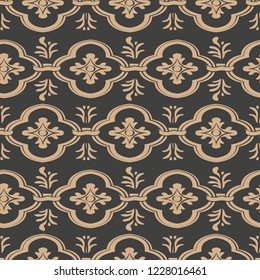 Vector damask seamless retro pattern background curve cross frame chain botanic garden leaf flower. Elegant luxury brown tone design for wallpapers, backdrops and page fill.