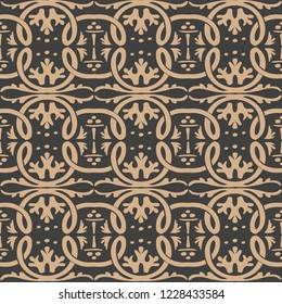 Vector damask seamless retro pattern background aboriginal curve cross plant frame vine leaf. Elegant luxury brown tone design for wallpapers, backdrops and page fill.