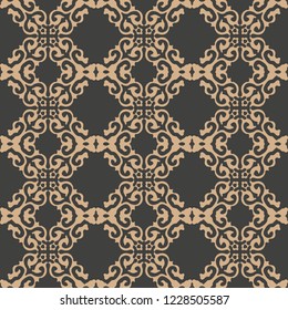 Vector damask seamless retro pattern background spiral curve cross frame chain crest. Elegant luxury brown tone design for wallpapers, backdrops and page fill.
