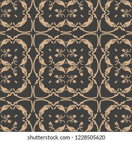 Vector damask seamless retro pattern background botanic garden spiral curve cross frame leaf vine flower. Elegant luxury brown tone design for wallpapers, backdrops and page fill.