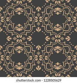 Vector damask seamless retro pattern background spiral curve cross botanic garden leaf flower frame. Elegant luxury brown tone design for wallpapers, backdrops and page fill.