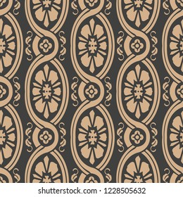 Vector damask seamless retro pattern background round oval spiral curve cross frame flower. Elegant luxury brown tone design for wallpapers, backdrops and page fill.