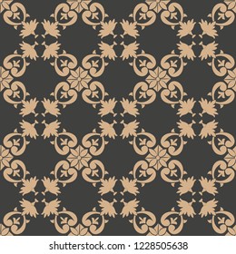 Vector damask seamless retro pattern background botanic garden spiral curve cross leaf frame flower wreath. Elegant luxury brown tone design for wallpapers, backdrops and page fill.