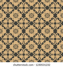 Vector damask seamless retro pattern background spiral curve cross flower crest. Elegant luxury brown tone design for wallpapers, backdrops and page fill.