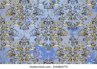 Vector damask victorian pattern, mural acanthus print. Grunge concrete wall with ornaments and prints. Colorful ceramic wall tiles decoration. baroque scroll ornament swirl