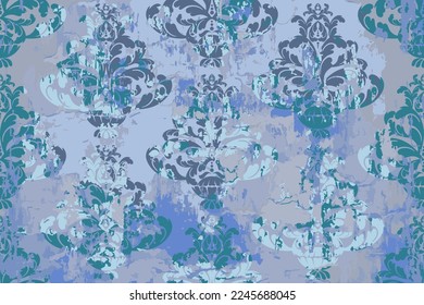 Vector damask victorian pattern, mural acanthus print. Grunge concrete wall with ornaments and prints. Colorful ceramic wall tiles decoration. baroque scroll ornament swirl
