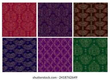 Vector damask vintage baroque ornament. Retro pattern antique style. Seamless luxury burgundy, red, navy, green and golden pattern set. Royal wallpaper. Gothic background. Vector ornament.