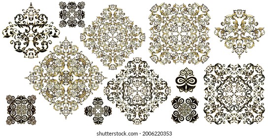 Vector damask vintage baroque scroll ornament swirl. Victorian monogram heraldic shield swirl.Retro floral leaf pattern border foliage antique  acanthus calligraphy engraved tattoo. Tile decor element