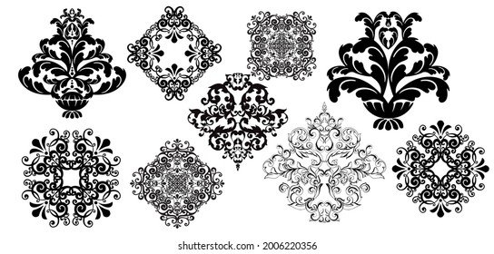 Vector damask vintage baroque scroll ornament swirl. Victorian monogram heraldic shield swirl.Retro floral leaf pattern border foliage antique  acanthus calligraphy engraved tattoo. Tile decor element