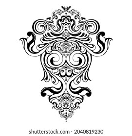 Vector damask vintage baroque scroll ornament swirl. Victorian monogram heraldic shield swirl.Retro floral leaf pattern border foliage antique  acanthus calligraphy engraved tattoo. Tile decor element