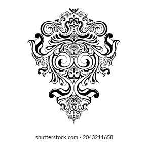 Remolque barroco vintage de pergamino adamascado vector. Giro de escudo heráldico monograma victoriano.Patrón retro de hoja floral borde follaje antiguo acanthus calligrafía grabado tatuaje. Elemento decorativo de mosaico