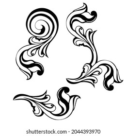 Vector Damask Vintage Baroque Scroll Ornament Swirl. Victorian Monogram Heraldic Shield Swirl.Retro Floral Leaf Pattern Border Foliage Antique  Acanthus Calligraphy Engraved Tattoo. Tile Decor Element