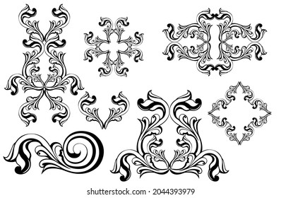 Vector damask vintage baroque scroll ornament swirl. Victorian monogram heraldic shield swirl.Retro floral leaf pattern border foliage antique  acanthus calligraphy engraved tattoo. Tile decor element
