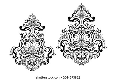 Vector damask vintage baroque scroll ornament swirl. Victorian monogram heraldic shield swirl.Retro floral leaf pattern border foliage antique  acanthus calligraphy engraved tattoo. Tile decor element