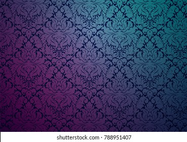 Vector damask wallpaper design, with the original pattern in the swatches palette. Seamless repetitive floral decoration with vintage color gradient.