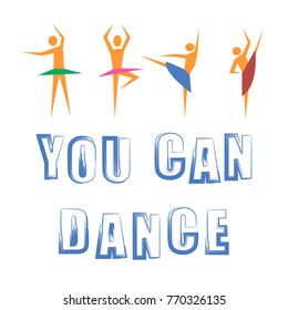 Vector Dance Banner with Dancers Icons and Grunge Quote on White Background