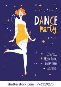 Vector dance party posters. With cute dancing girl. Charleston dance party. 
