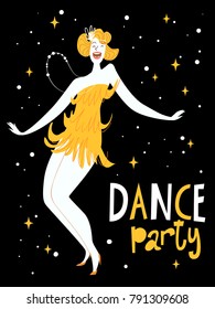 Vector dance poster with a girl dancing charleston. Vintage style poster. 