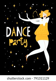 Vector dance poster with a girl dancing charleston. Vintage style poster. 
