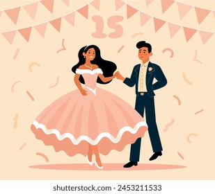 Vector quinceañera dancing with chamberlain at her fifteen party, Mexico