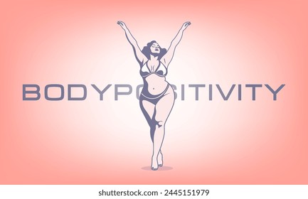 Vector a una joven bailarina elegante en traje de baño con los brazos en alto y los ojos cerrados. Concepto de positividad corporal y diversidad.