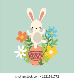 Vector dancing easter bunny with eggs, flowers.