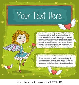 Vector dancing Funny Cute Little Fairy,flying pink hearts with wings,chalk board and talking bubble for your messages,text on a green background Happy Valentines Day Hand Drawing Vector Card