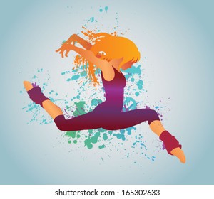 The vector dancing girl with colorful spots and splashes on a light background
