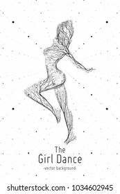 Vector dancing girl constructed with lines and particles. Elegant slow dancing pose. Concept of woman beauty in petite dance motion. Intricated femine monochrome silhouette in a club.