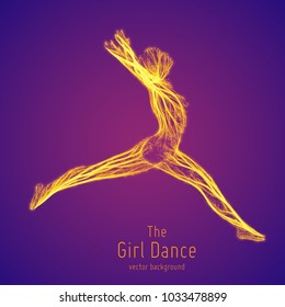 Vector dancing girl in a jump constructed with lines and glowing particles. Elegant flying dancing pose. Concept of woman beauty in dance motion. Intricated femine silhouette in a club.