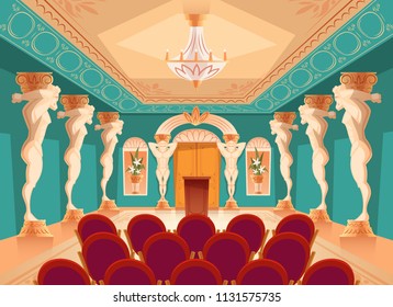 Vector dancing hall with atlas pillars and armchairs for audience, spectators. Interior of ballroom with titan, atlant columns for presentation or royal reception in luxury medieval palace.