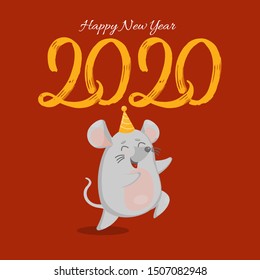 Vector dancing mouse animal flat illustration for Christmas and new year design, symbol of 2020 in Chinese calendar. Cute dancing happy rat. For party invitation, holiday icon, greeting card, logo