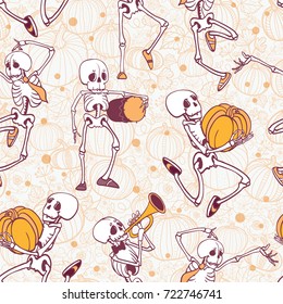 Vector dancing and musical skeletons Haloween repeat pattern background. Great for spooky fun party themed fabric, gifts, giftwrap.