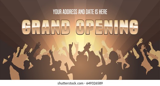 Vector dancing people with grand opening advertising sign. Store opening soon design element for poster or banner