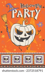 Vector dancing pumpkin on orange background.  Halloween invitation. Great for spooky fun party themed designs, gifts, packaging.