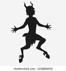 Vector dancing satyr silhouette isolated on white background, the faun from Greek mythology.