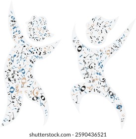 Vector Dancing Silhouettes with Musical Notes and Symbols – Abstract Music Party Illustration