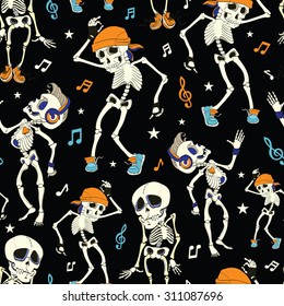 Vector Dancing Skeletons Party Halloween Seamless Pattern. Music Disco. Isla Vista California. Funny Headphones