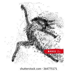 Vector Dancing woman illustration made from particles. Black and white vector illustration