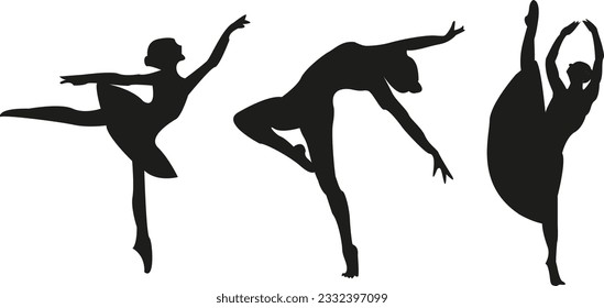 Vector dancing women silhouettes set - isolated. Ballerina - ballet. Vector dancing girl set - choreography. Dancing girl silhouettes. Vector ballerina set.  