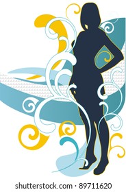 Vector dancing young girl silhouette near sea water with decorative wave background