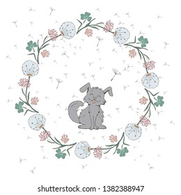 Vector dandelion doodle wreath with funny dog isolated on white