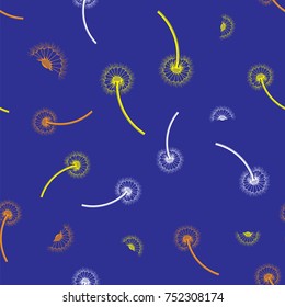 Vector Dandelion Flower Silhouette Seamless Pattern on Blue Background