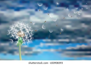 dandelion vectorial con semillas voladoras en cielo nublado, fondo simbólico