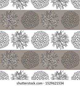 Vector Dandelion Seed Heads on Brown and White Stripes Seamless Repeat Pattern. Background for textiles, cards, manufacturing, wallpapers, print, gift wrap and scrapbooking.