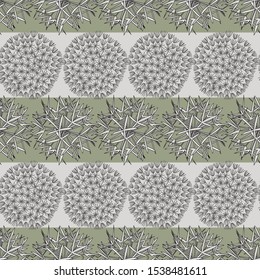 Vector Dandelion Seed Heads on Green and Gray Stripes Seamless Repeat Pattern. Background for textiles, cards, manufacturing, wallpapers, print, gift wrap and scrapbooking.
