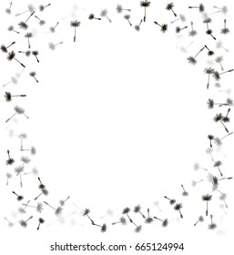Vector dandelion seeds circle frame. Floral round design with plant elements. Dandelion feather fluff, flower seed illustration. Print, decorative black and white pattern.